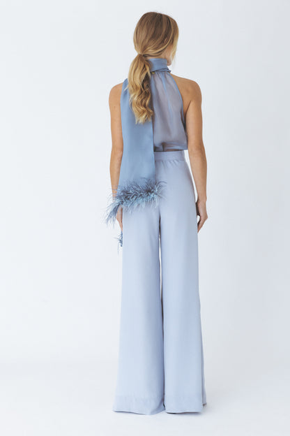 Halterneck Feather-trimmed Organza Top